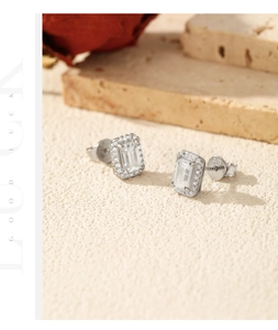 Close-up of S925 sterling silver emerald cut moissanite earrings with halo diamonds