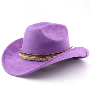 Close-up of purple faux suede cowboy hat with ethnic beaded trim and metal chain detail