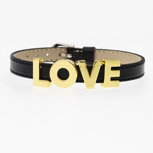 Detail of black leather bracelet featuring gold metallic LOVE letters and adjustable buckle