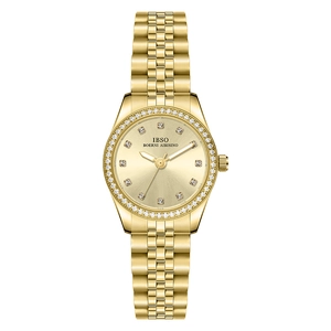 Montre quartz femme classique en acier doré avec lunette sertie de diamants