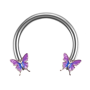 Polished stainless steel horseshoe earrings with purple and blue gradient butterfly ends