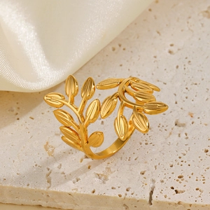 Elegant gold leaf stainless steel open ring with adjustable olive branch design for women