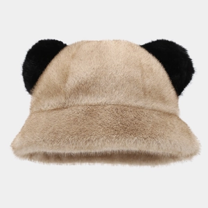 Detailed plush texture of winter bucket hat with cute black animal ear decorations