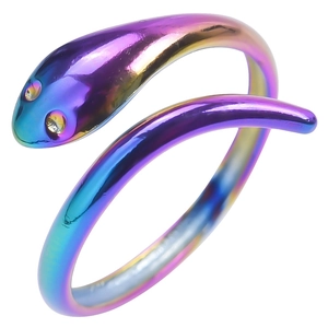 Macro shot of colorful gradient snake ring with sparkling crystal eyes and punk style