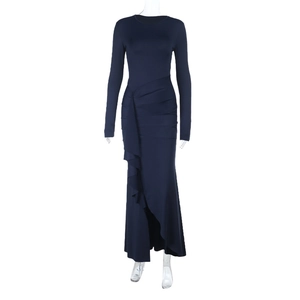 Slim fit navy blue long sleeve dress featuring waist ruffles and irregular fishtail hem