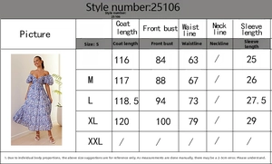 Detaillierte Größentabelle für geblümtes Sommerkleid mit Taillenzug und Maßen