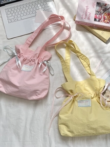 Pink and yellow Korean canvas drawstring tote bags with ribbons for daily commuting women