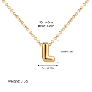 Detail showing gold bubble letter L pendant dimensions 10mm by 6mm on 55cm cable chain