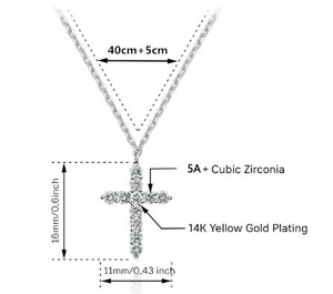 Detailed technical view of cross necklace dimensions with 14K gold plating and 5A zirconia