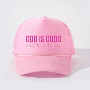 Pink mesh trucker hat with GOD IS GOOD text and braided rope detail on front