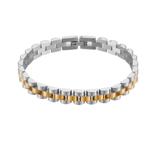 Close-up of a two-tone stainless steel watch band bracelet with a brushed metal texture