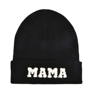 Classic black knitted beanie hat with white MAMA embroidered letters for winter warmth