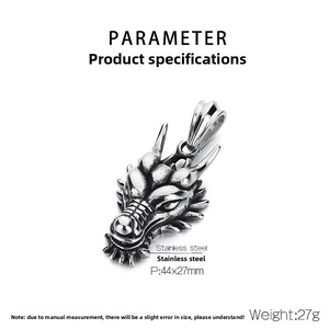 Detailed view of punk dragon head pendant in stainless steel with 44x27mm measurements