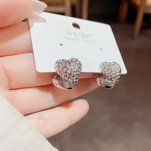 Silver mesh heart hoop earrings with minimalist hollow-out texture for women