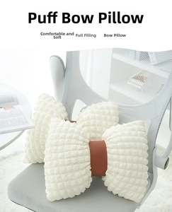 Detail of bow-shaped seersucker pillow with leather band on a modern white mesh office chair