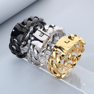 Polished stainless steel heavy Cuban link bracelets in gold, silver, and black finish