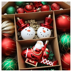 Detailed overhead view of 70pc Christmas bauble set with Santa and snowman ornaments