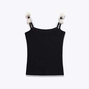 Elegant black knit camisole top with 3D white lace floral strap detailing
