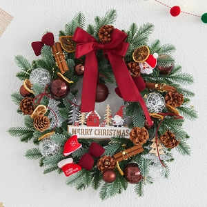 Artificial Christmas Wreath Red Velvet Bow Pine Cones Cinnamon Orange Slices Wooden Merry Christmas Sign Door Decoration