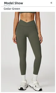 Pantalon de yoga vert cèdre à taille haute avec ceinture croisée en V et poches latérales