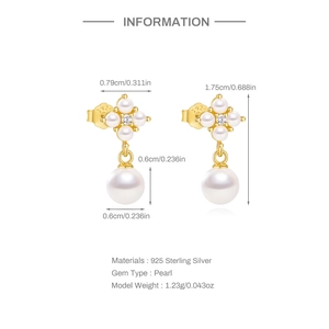 Detailed size specifications of S925 sterling silver petal pearl drop earrings