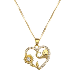 Gold titanium sunflower elephant heart necklace with sparkling crystals for women