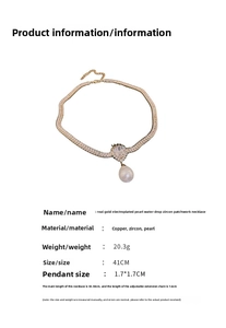 Detail of gold-plated pearl necklace showing zirconia pendant and 41cm chain specs