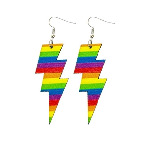 Rainbow striped lightning bolt wooden earrings with metal hooks on white background