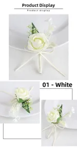 Detail of cream white PE rose boutonniere with green leaves and ribbon for groom attire