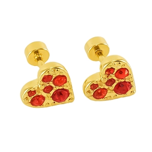 Elegant gold heart earrings with sparkling red crystals for women in minimalist ins style