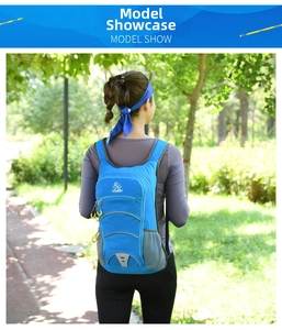 Blue outdoor sports backpack with breathable mesh pockets and reflective strips worn by model