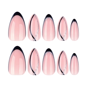 Unghie a mandorla con punte French nere e glitter argento su base rosa pallido