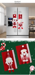 Close-up of Christmas gnome fridge handle covers with red fabric and velcro straps