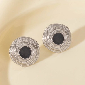 Vintage 304 stainless steel hoop earrings with black enamel and woven texture