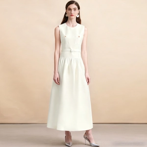 Sleeveless cream French style maxi dress with cinched waist and matching belt