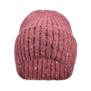 Close-up of thick ribbed knit pink winter hat with colorful sequins and soft wool texture
