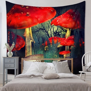 Detail view of fantasy mushroom forest tapestry as a bohemian bedroom wall hanging