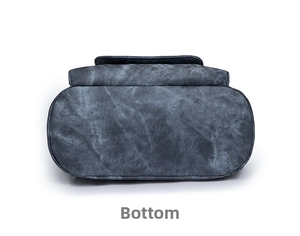 Detailansicht des gewaschenen Denim-Rucksacks mit verstärkten Nähten und Vintage-Textur am Boden