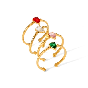 18K gold plated stackable pear cut gemstone rings with textured beaded bands