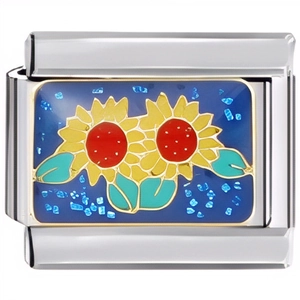 Detail of stainless steel bracelet link with a glittery blue sunflower enamel charm