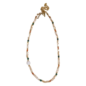 Vintage necklace with colorful natural stone beads and a large white pearl centerpiece