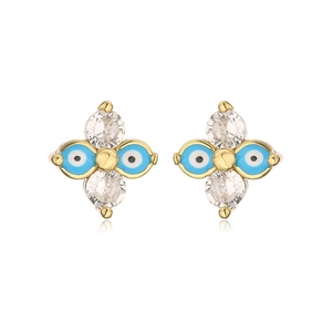 Detail of gold-plated evil eye stud earrings with blue enamel and clear zircon stones