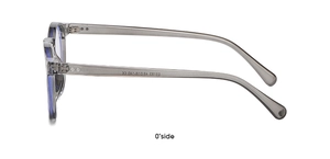 Detail view of transparent grey retro round sunglasses frame showing model E2183 size specs