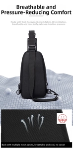 Close-up of breathable honeycomb mesh back and ergonomic padded straps for cooling comfort