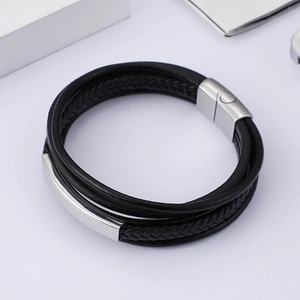 Men's multi-layer black braided leather bracelet with silver stainless steel magnetic clasp