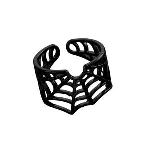 Bague ouverte toile d'araignée noire style gothique avec design ajouré géométrique