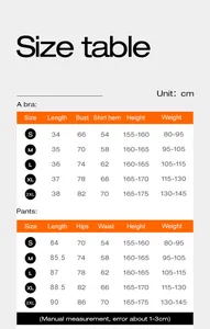 Tableau des tailles détaillé pour les ensembles de yoga avec mesures en cm pour hauts et bas