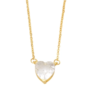Minimalist gold chain necklace featuring a clear heart-shaped zircon pendant on white background