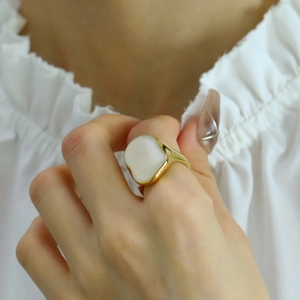 Irregular chunky 18K gold plated ring with large white resin stone inlay for women