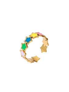 Detail of 18k gold plated open ring with colorful star enamel patterns in macro view